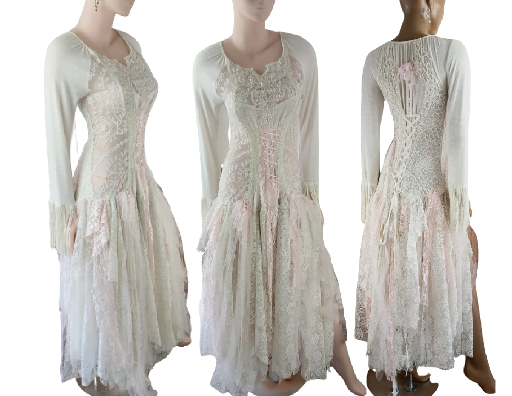 Three views of a long, pink and white tattered beach style wedding dress. One of a kind, eco-friendly, hand made, bohemian style event and wedding dresses.