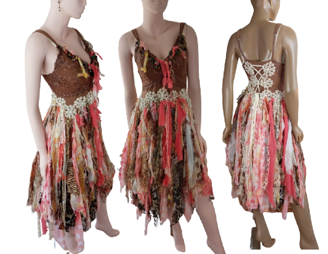 Brown and peach with cream bohemian tattered cowgirl style event dress. Lace up back for a snug fit. Lots of beads on the front with crochet.
One of a kind, hand made, eco-friendly boho style dress.