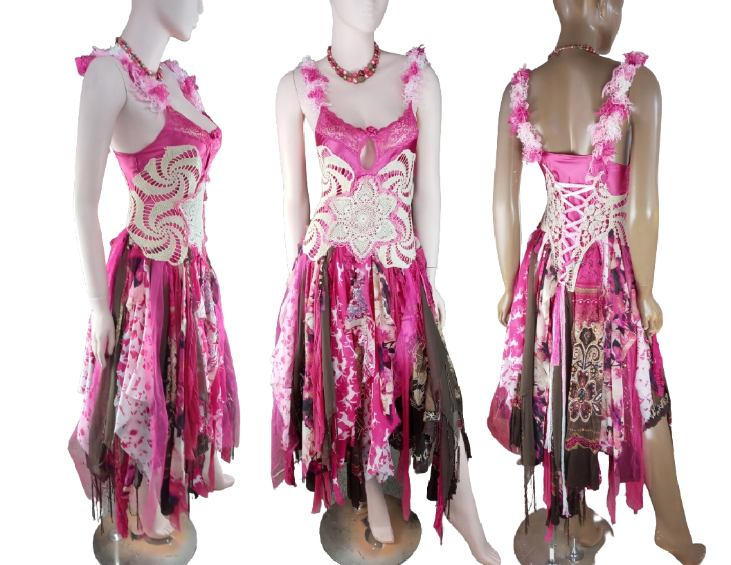 Bright pink and cream lace up boho style dress. One of a kind, hand made, eco-friendly event and wedding dress.